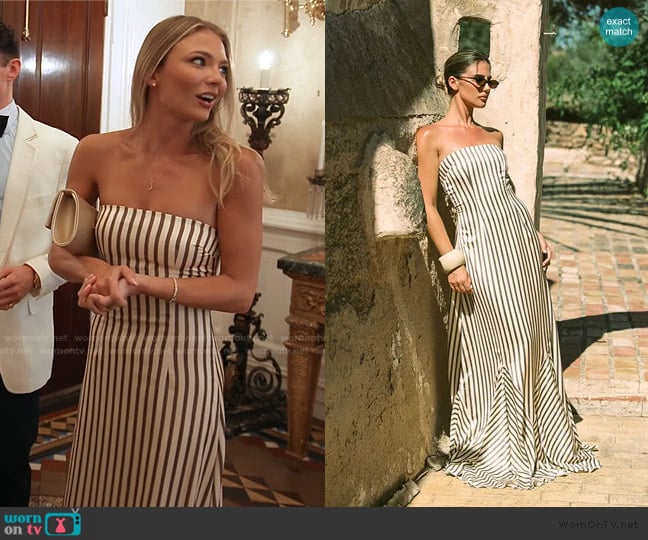 Pretty Little Thing Olive Satin Bandeau Stripe Maxi Dress worn by Charley Manley on Southern Charm
