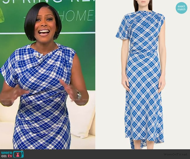 Tamron’s blue plaid dress on Tamron Hall Show
