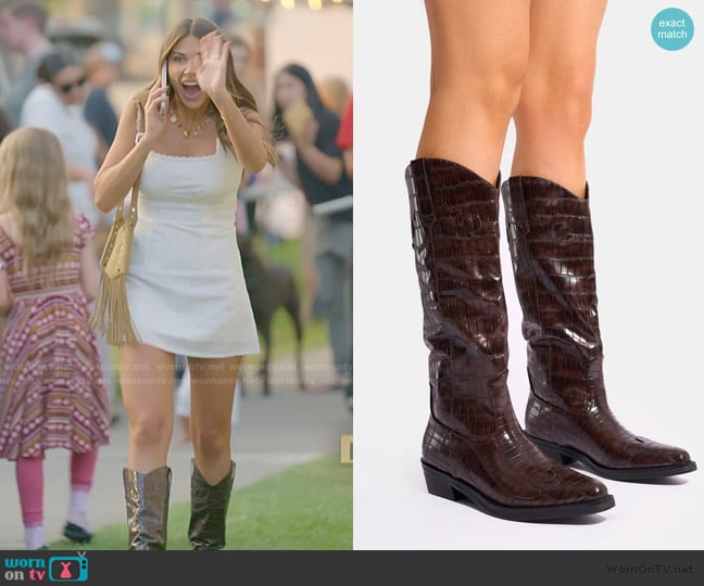 Public Desire Apollo Brown Croc Wide Fit Flat Western Knee High Boots worn by Demi Engemann on The Secret Lives of Mormon Wives