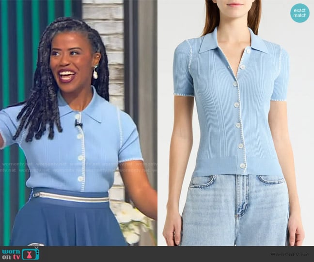 Faith’s blue knit cardigan on Tamron Hall Show