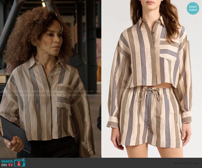 Rag & Bone Beatrice Stripe Linen & Silk Crop Button-Up Shirt worn by Zoe (Sherri Saum) on Imperfect Women