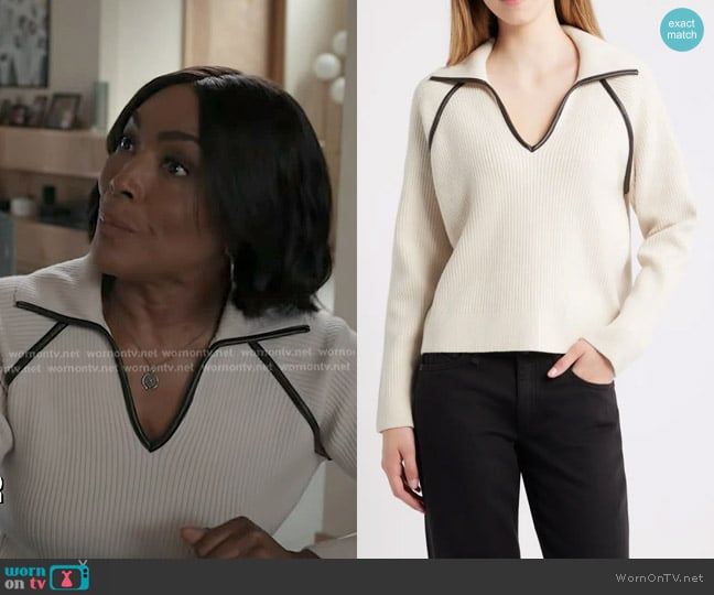 Rag & Bone Caterina Faux Leather Trim Polo Sweater in Ivory worn by Athena Grant (Angela Bassett) on 9-1-1