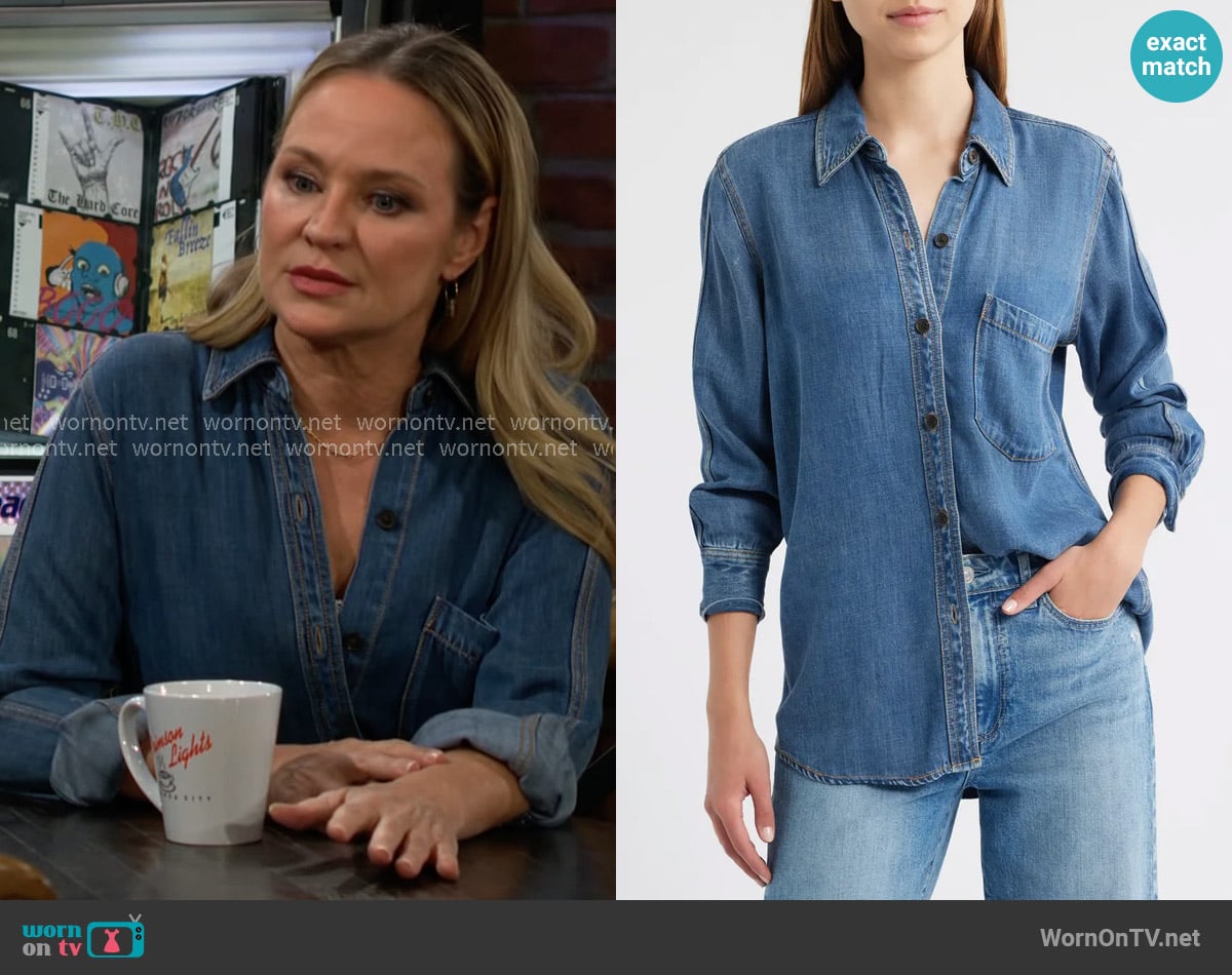 Rails Atticus Shirt in Antique Blue worn by Sharon Newman (Sharon Case) on The Young and the Restless