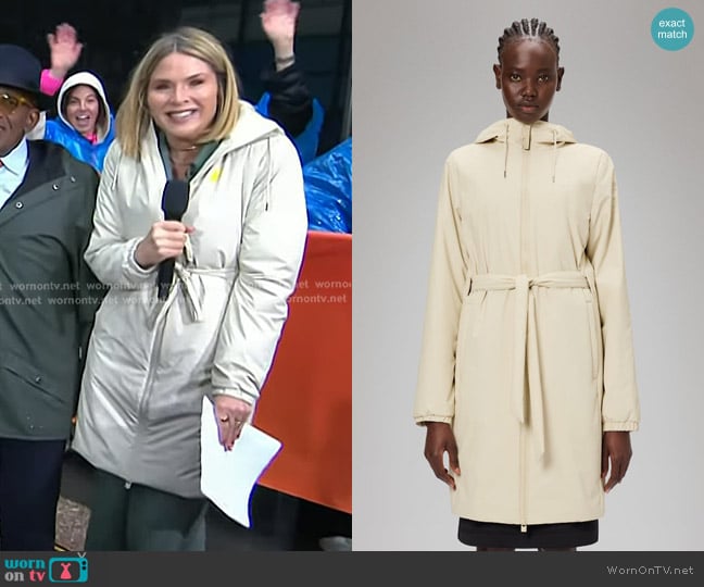 Rains Lohja Long Insulated Curve Jacket in Dune worn by Jenna Bush Hager on Today