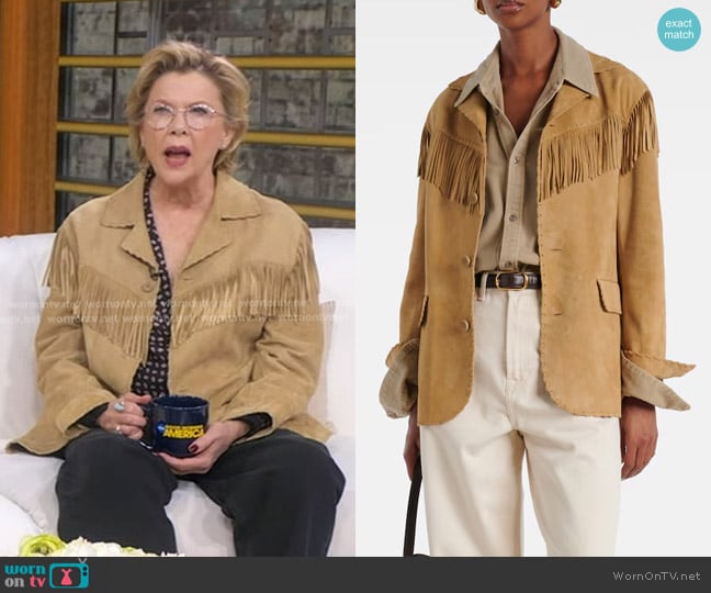 Ralph Lauren Collection Ryland Fringed Suede Jacket worn by Annette Bening on Good Morning America
