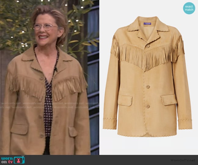 Ralph Lauren Ryland fringed suede jacket worn by Annette Bening on Live with Kelly and Mark