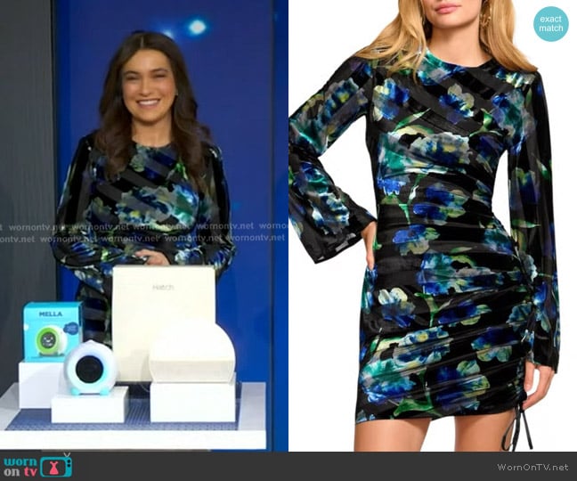 Ramy Brook Dexter Velvet Long Sleeve Mini Dress in Lapis Floral worn by Bethany Braun-Silva on Good Morning America