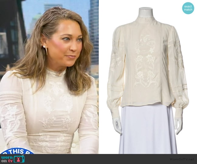 Reformation Emme Mock Neck Blouse worn by Ginger Zee on Good Morning America