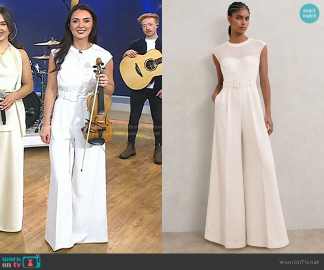 Reiss Alba Sheer-Panel Wide-Leg Belted Jumpsuit in Ivory worn by Kate Heneghan on Today