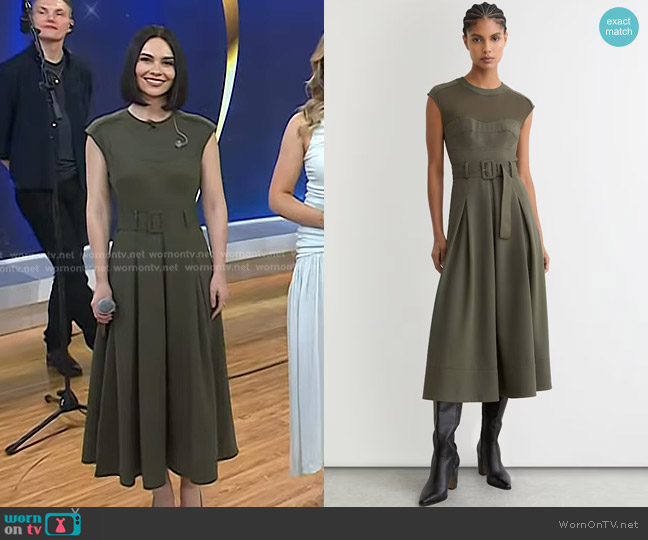 Reiss Ava Mesh-Panel Belted Pleated Midi Dress in Khaki Green worn by Mairéad Carlin on Today