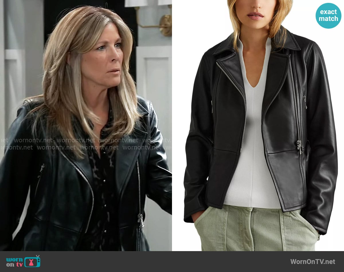 Reiss Febe Belted Leather Moto Jacket worn by Carly Spencer (Laura Wright) on General Hospital