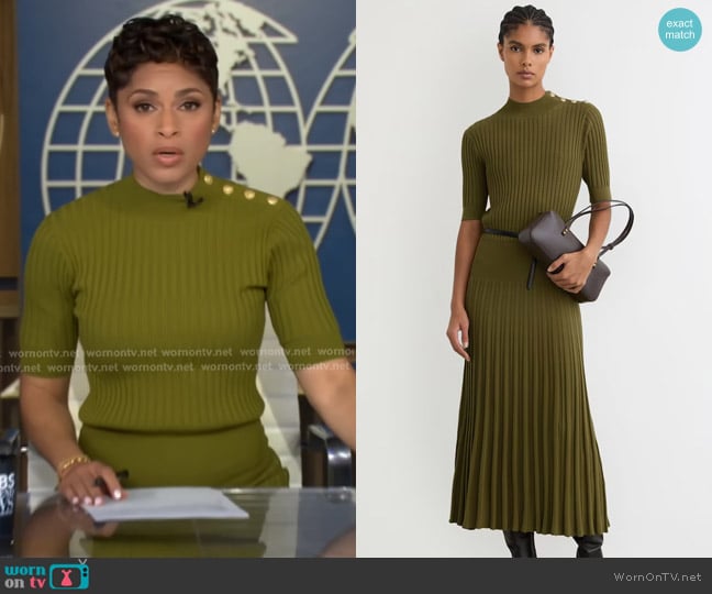 Jericka’s green button-shoulder ribbed dress on CBS Evening News