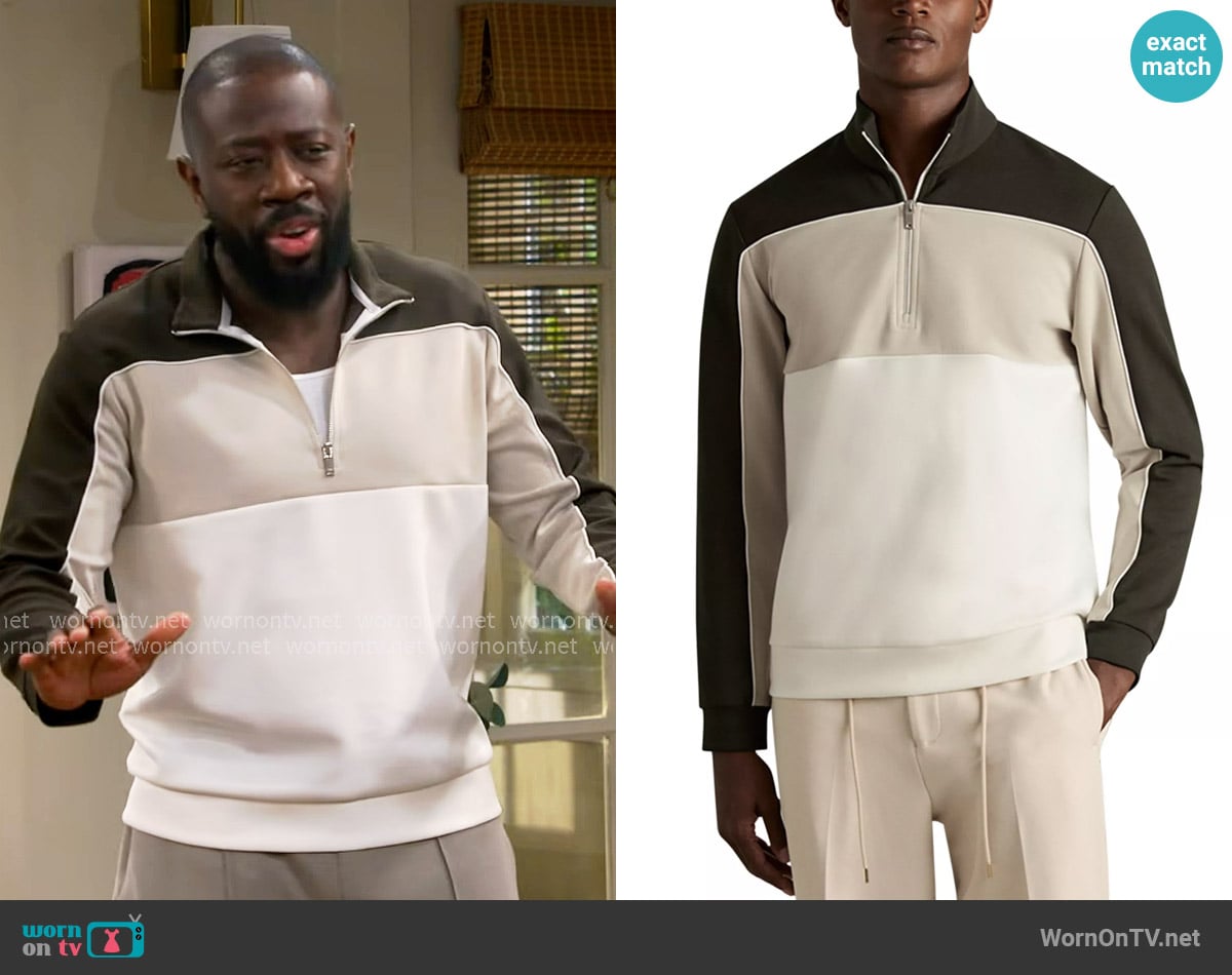 Reiss Katoon Interlock Color Block Half Zip Sweatshirt worn by Malcom (Sheaun McKinney) on The Neighborhood