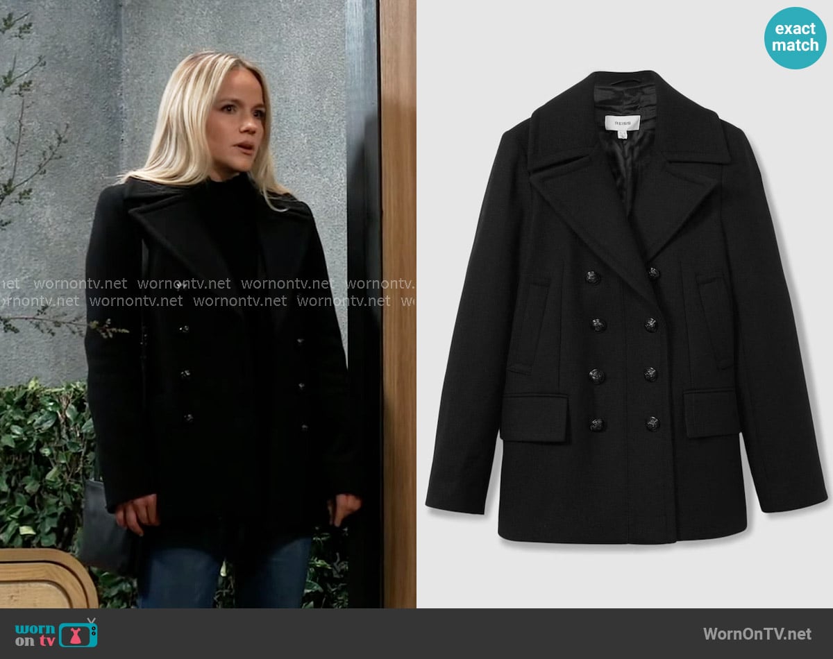 Reiss  Lily Pea Coat in Black worn by Lulu Spencer (Alexa Havins Bruening) on General Hospital