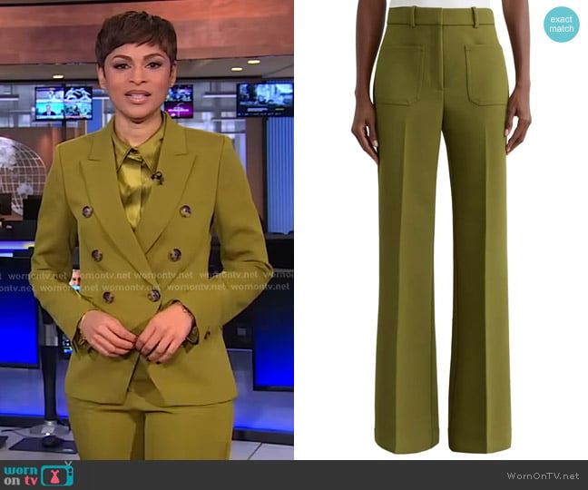 Reiss Priya Patch Pocket Wide Leg Pants in Chartreuse Green worn by Jericka Duncan on CBS Evening News