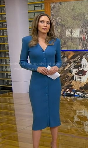 Rhiannon’s blue ribbed button front knit dress on Good Morning America