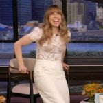 Linda Cardellini’s white lace corset top and skirt on Live with Kelly and Mark