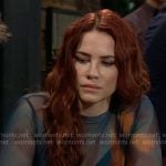 Sally’s teal printed mesh top on The Young and the Restless