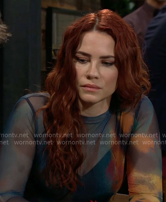 Sally’s teal printed mesh top on The Young and the Restless