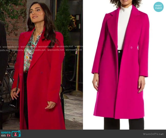 Sam Edelman Belted Wool Blend Coat in Deep Magenta worn by Gabi Hernandez (Cherie Jimenez) on Days of our Lives