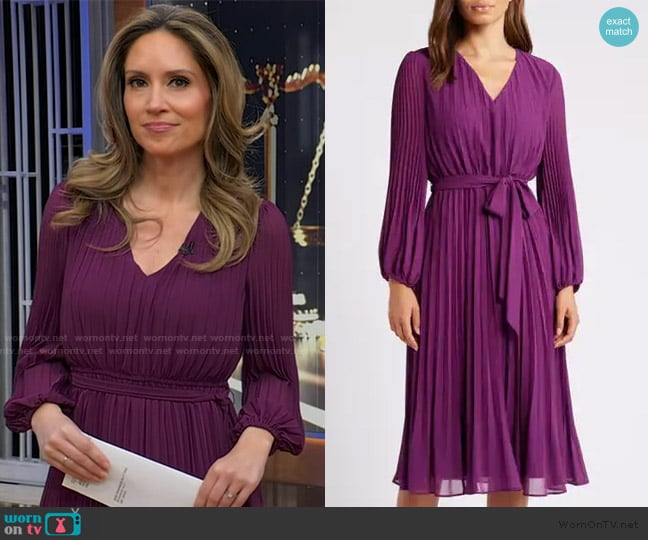 Sam Edelman  Pleated Long Sleeve Dress in Eggplant worn by Rhiannon Ally on Good Morning America