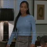 Samantha’s blue cable knit sweater with heart on Beyond the Gates