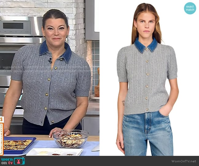 Gail Simmons’s grey cable knit cardigan with denim collar on Today