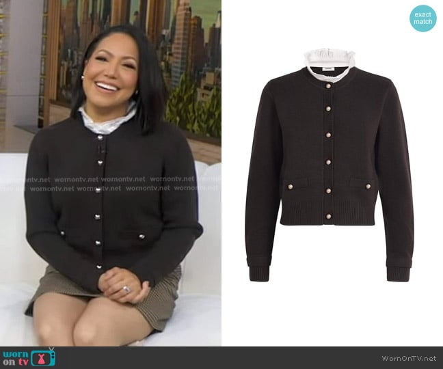 Sandro Cardigan with Detachable Ruffle Collar in Brown worn by Stephanie Ramos on Good Morning America
