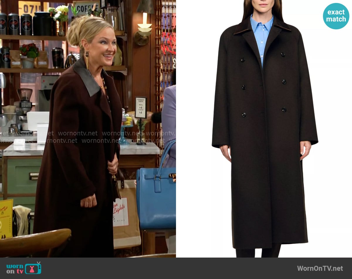 Sharon’s brown coat with leather collar on The Young and the Restless