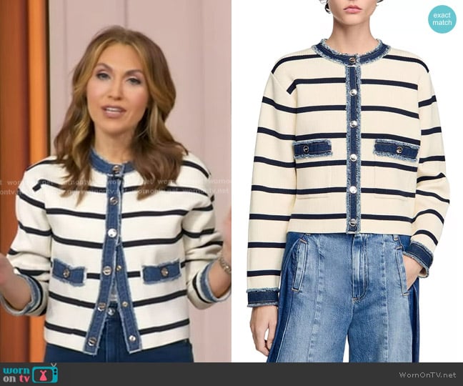 Sandro Striped Cardigan with Denim Detail worn by Lori Bergamotto on Good Morning America