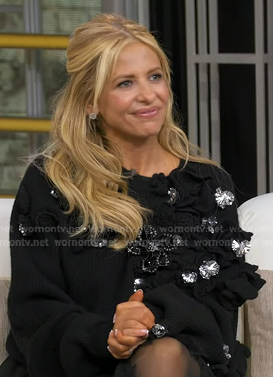 Sarah Michelle Gellar's black floral embellished sweater on Good Morning America
