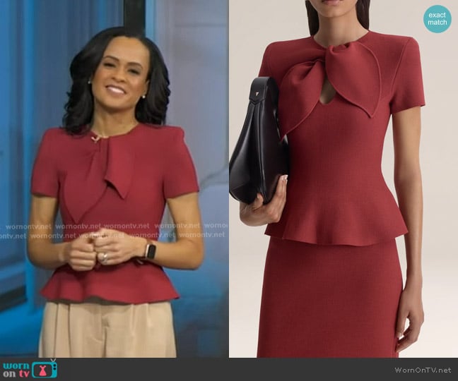 Linsey’s red tie neck peplum top on GMA
