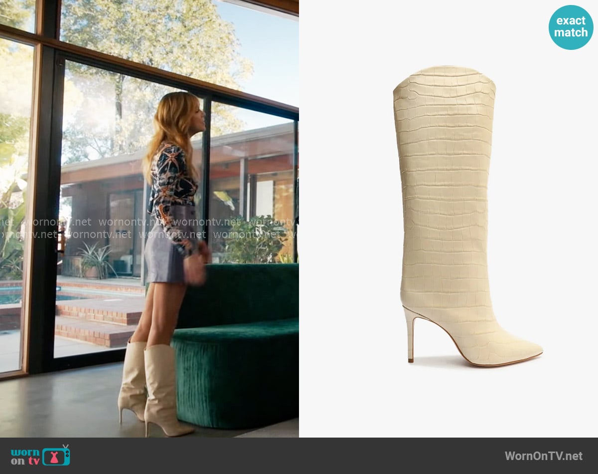 Schutz Maryana Crocodile-Embossed Leather Boot in Eggshell worn by Morgan Gillory (Kaitlin Olson) on High Potential