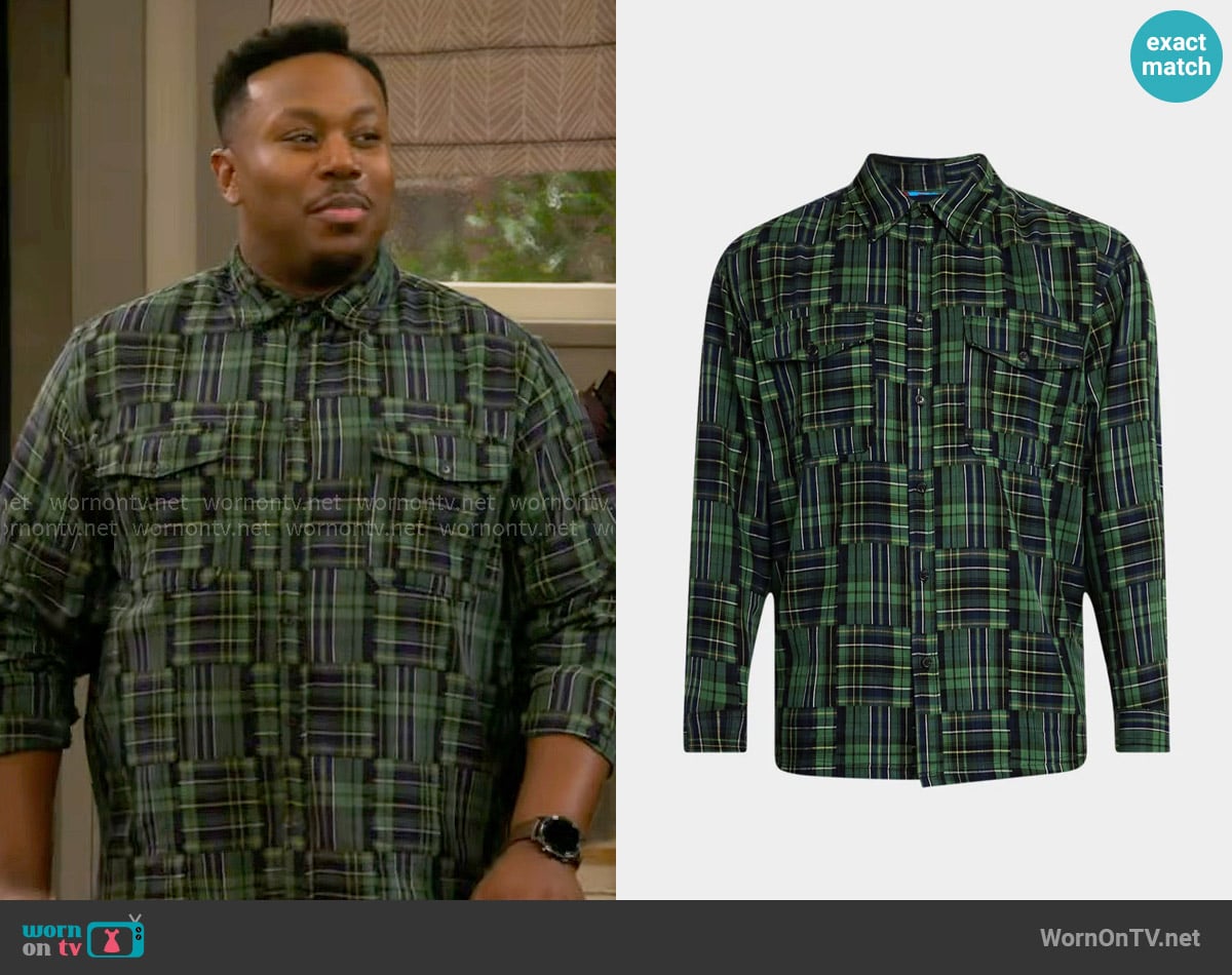 Scotch & Soda Patchwork Plaid Button-Down Shirt worn by Marty (Marcel Spears) on The Neighborhood
