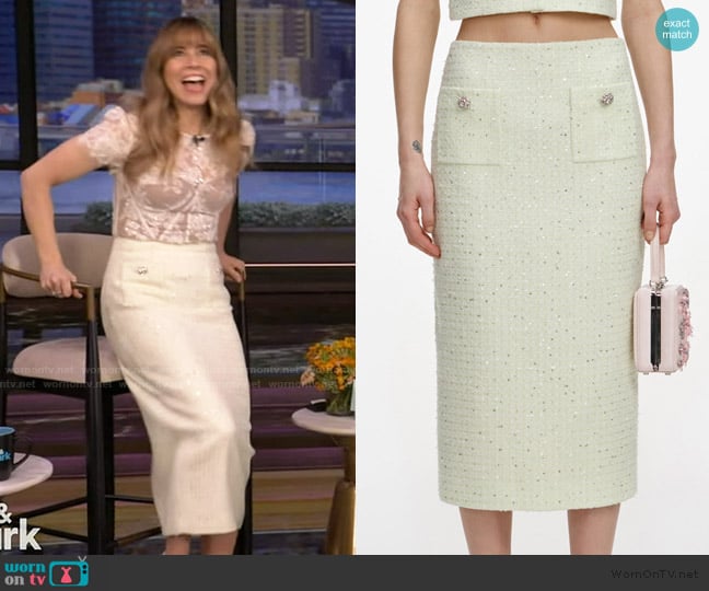 Self Portrait Lime Boucle Midi Skirt worn by Linda Cardellini on Live with Kelly and Mark