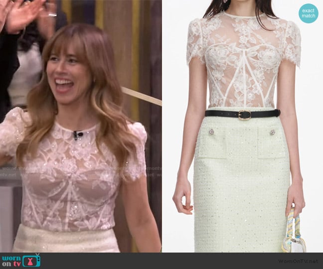 Self Portrait White Sequin Lace Top worn by Linda Cardellini on Live with Kelly and Mark