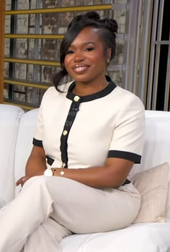 Shaina Rainford’s ivroy contrast trim jacket and pants on Good Morning America