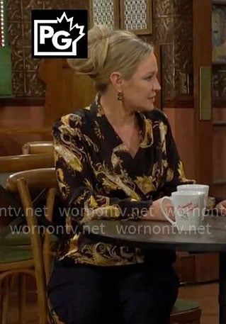 Sharon’s black and yellow paisley print wrap blouse on The Young and the Restless