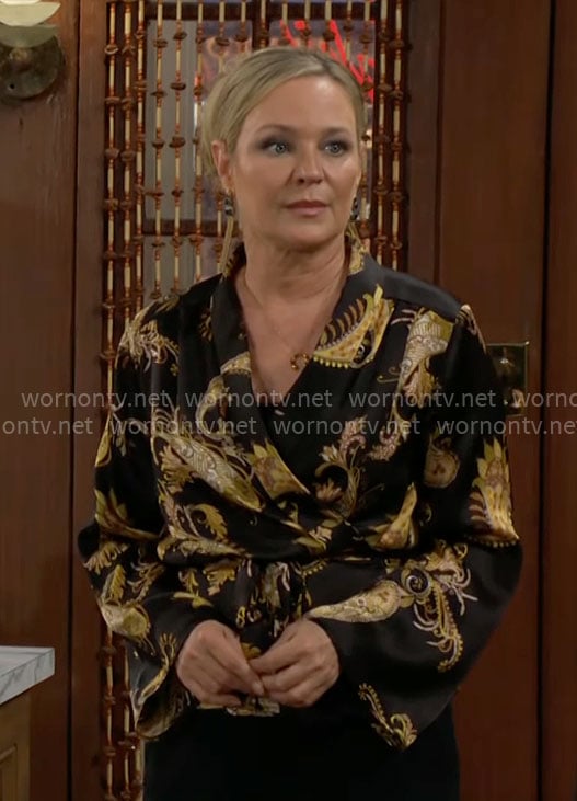 Sharon's black and yellow paisley print wrap blouse on The Young and the Restless