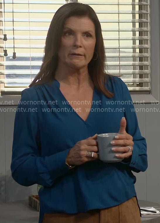 Sheila's teal blue cross front blouse on The Bold and the Beautiful
