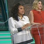 Sheinelle’s white stripe satin shirt and wide-leg pants on Today