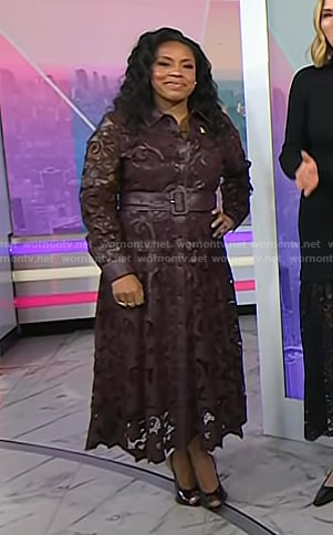 Sheinelle’s brown floral lace and leather shirtdress on Today