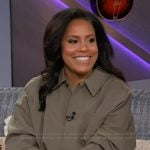 Sheinelle’s khaki jacket and skirt on The Kelly Clarkson Show