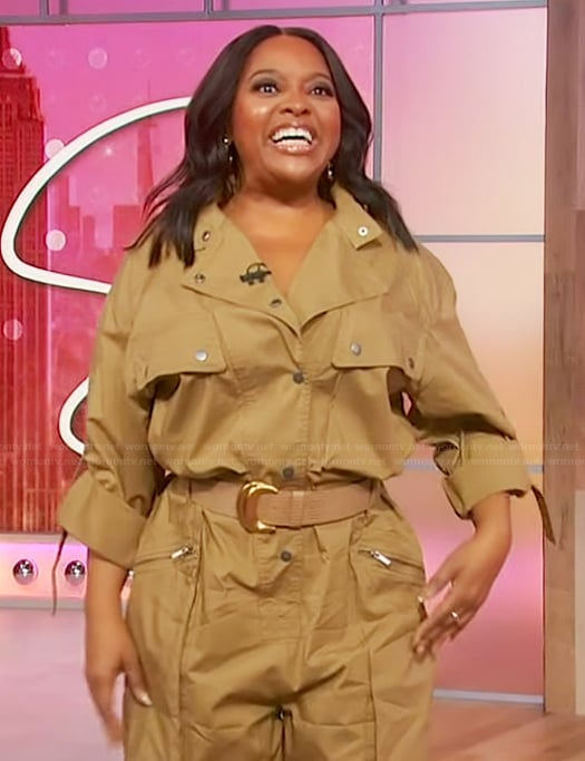 Sherri's khaki utility jumpsuit on Sherri