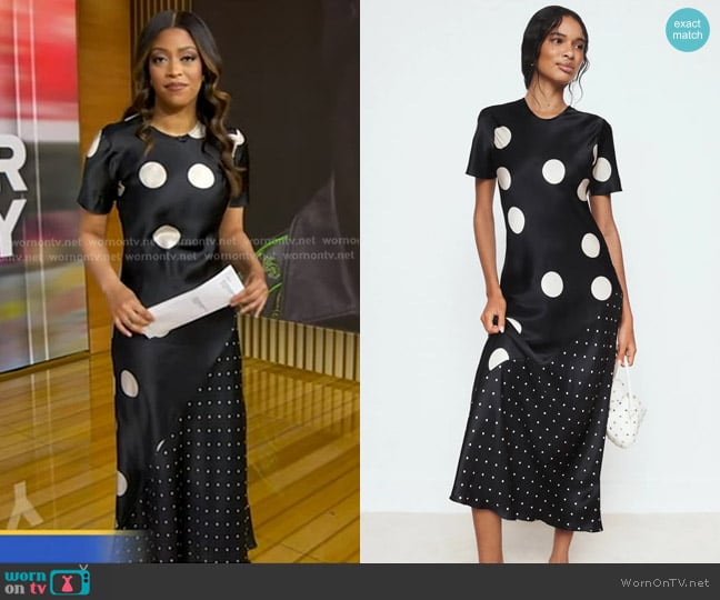 Silk Laundry Polka Dot Short Sleeve Midi Dress worn by Morgan Norwood on Good Morning America