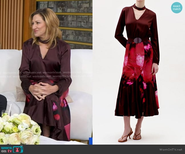 Edie Falco’s brown floral v-neck dress on GMA