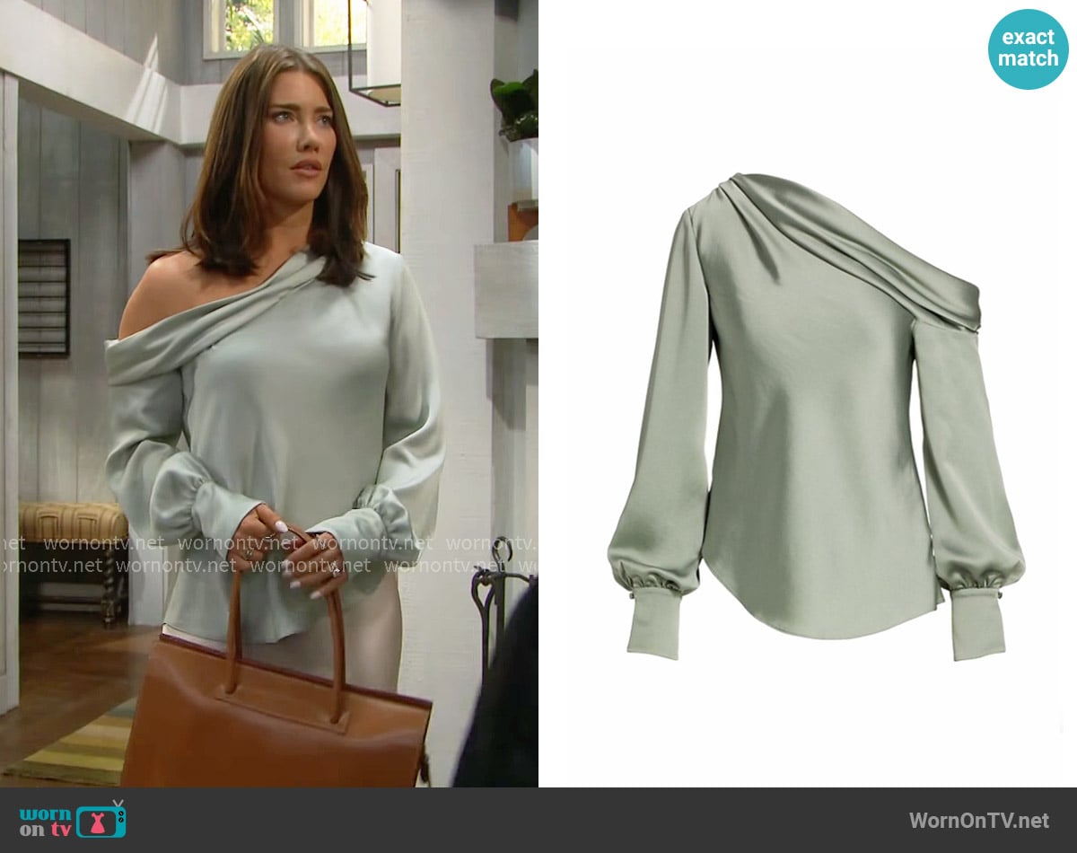 Simkhai Alice Blouse in Sage worn by Steffy Forrester (Jacqueline MacInnes Wood) on The Bold and the Beautiful