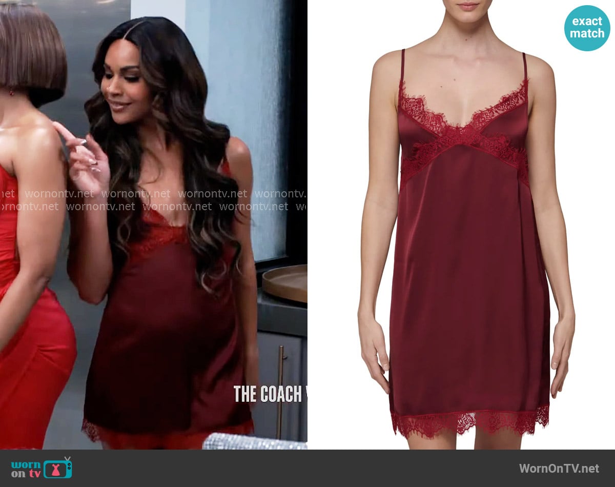 Simone Perele Lace Trim Satin Chemise in Spinel Red worn by Cheyenne Barnes (Jordan Coleman) on Tyler Perrys Sistas