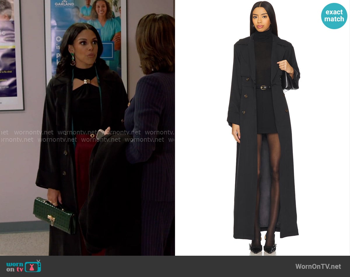 SNDYS Victoria Detachable Floor Length Trench worn by Dani Dupree (Karla Mosley) on Beyond the Gates