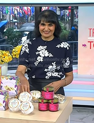 Sonal Dutt's navy floral print short sleeve sweater on Today